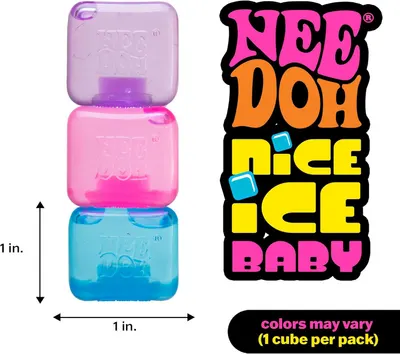 Shows the exact physical size of the product (1 inch by 1 inch) with measurement arrows to help shoppers understand how small the ice cube is. Displays the NEE DOH NICE ICE BABY brand name…