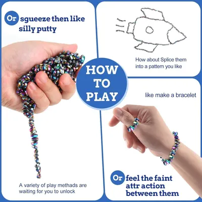 Demonstrates various ways to play with and use the magnetic beads product, showing versatility and encouraging creative engagement through squeezing, pattern-making, bracelet creation, and tactile…
