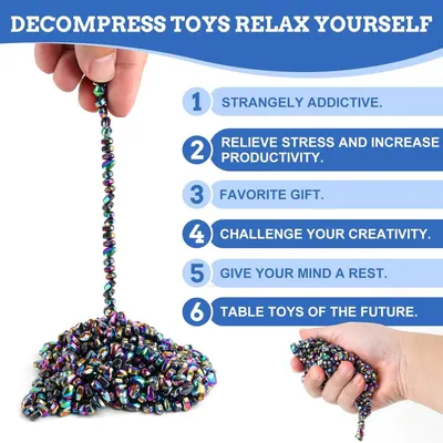 Communicates multiple benefits of the decompression toy including stress relief, addictiveness, gift potential, creativity stimulation, and mental relaxation to appeal to various shopper motivations.