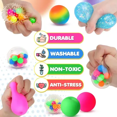 Communicates multiple key benefits of the stress balls to reassure shoppers about durability, safety, ease of cleaning, and stress-relief functionality.