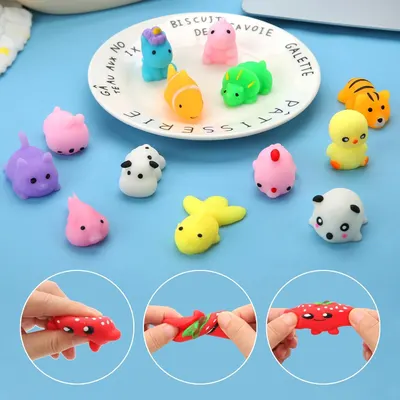 Demonstrates the product variety (multiple cute animal designs) and the squishy, flexible nature of the toys through three demonstration panels showing hands squeezing and stretching the product.