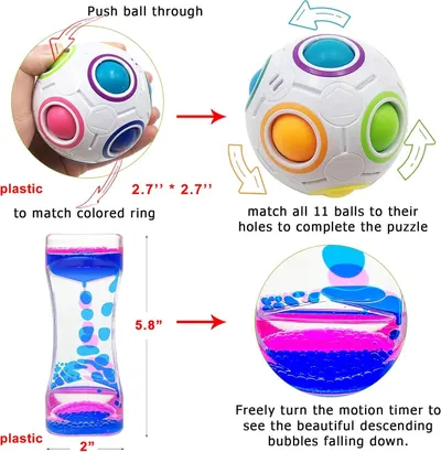 Demonstrates how to use two included toys: the puzzle ball (push colored balls through to match rings) and the liquid motion timer (turn to watch bubbles descend). Helps shoppers understand the…