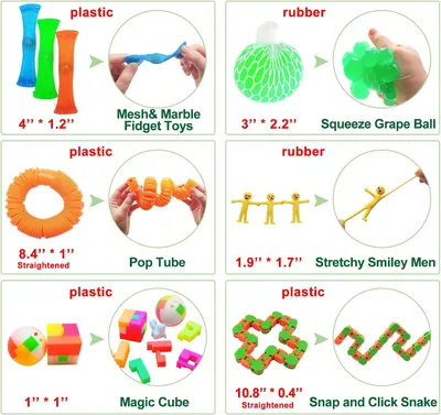 Shows the complete assortment of fidget toys included in the bundle, with sizing and material details to help shoppers understand exactly what they will receive.