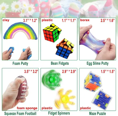 Shows the variety of toys included in the bundle with their materials and dimensions, helping shoppers understand what they receive and the diversity of sensory toys in the package.