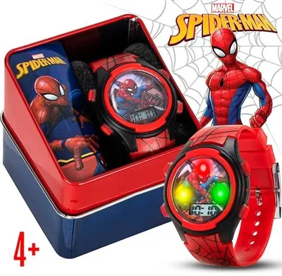 Shows the complete package contents including the Spider-Man watch and its collectible tin case to communicate the full value of what the customer receives.