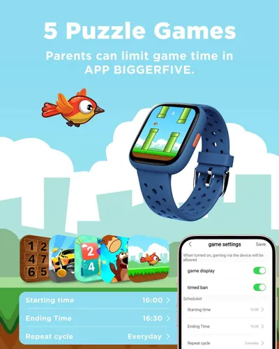 Communicates multiple features of the smartwatch including game variety, parental control capabilities, and time management settings to reassure parents they can monitor and limit their child's…