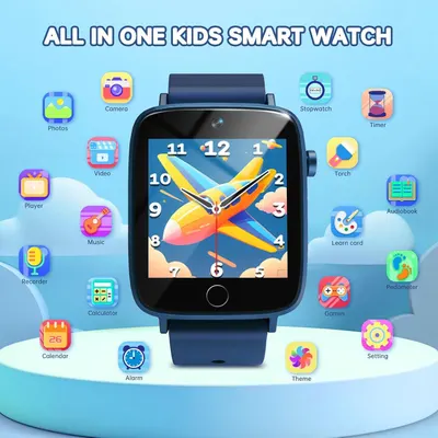 Showcases the comprehensive functionality of the kids smartwatch by displaying all available features and apps in a visually organized layout, emphasizing its versatility and value as an all-in-one…