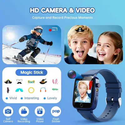 Showcases multiple features of the kids' smartwatch including HD camera/video capabilities, fun sticker filters, and various camera modes to demonstrate the product's entertainment and creative…