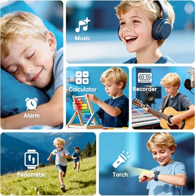 Demonstrates the multiple functions and applications of the smartwatch for kids, showing it can be used for entertainment, education, fitness tracking, and practical utilities.