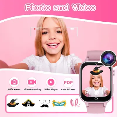 Showcases multiple distinct features of the kids' smartwatch camera, including self-camera, video recording, video playback, and fun sticker filters to demonstrate the product's versatility and…