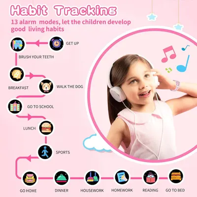 Communicates the product's comprehensive habit-tracking functionality with 13 alarm modes designed to help children develop good daily living habits through structured routines.
