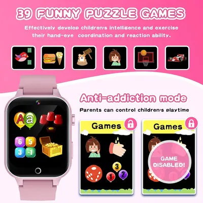 Communicates multiple key selling benefits of the children's smartwatch: variety of educational games, developmental benefits, and parental control features to reassure parents about screen time…