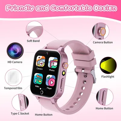 This image breaks down the smartwatch's physical components and features to help shoppers understand all the functional parts and design elements included in the product.