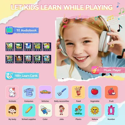 Communicates the educational device's multiple learning features and content variety to show parents the comprehensive learning value and entertainment options available for children.