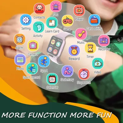 Showcases the smartwatch's extensive functionality by displaying numerous app icons and features available on the device, emphasizing versatility and entertainment value for children.