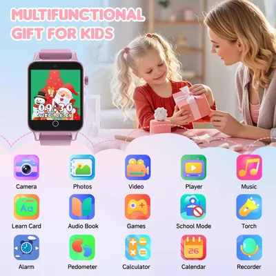 Positions the smartwatch as a perfect gift for children, using holiday imagery and gift-giving context to appeal to parents shopping for seasonal occasions. Showcases the smartwatch's extensive…