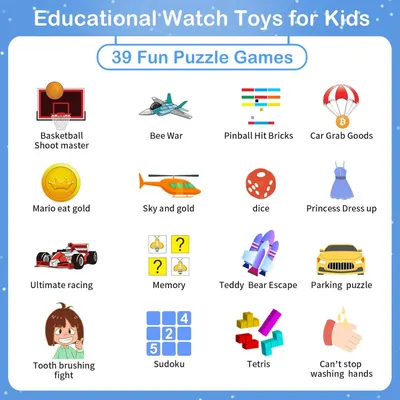 Demonstrates the multiple puzzle game applications available on the educational watch toy, showing variety and versatility to appeal to parents looking for engaging, educational entertainment for…