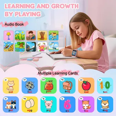 Communicates the product's multiple educational features—audio book functionality and learning cards—to show parents how the product supports learning through play.