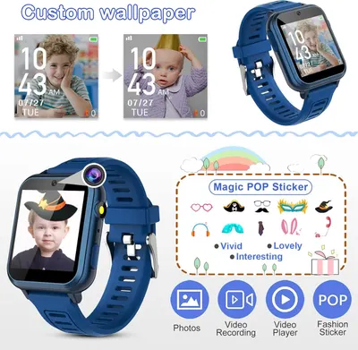 Showcases multiple features of the kids smartwatch including customizable wallpapers with personal photos, fun AR stickers for photos, and various media capabilities to demonstrate the product's…