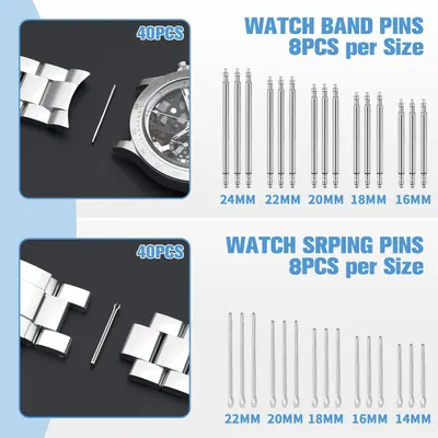 Shows the customer exactly what is included in the kit: 40 watch band pins in 5 sizes and 40 watch spring pins in 5 sizes, helping them understand the variety and quantity they will receive.…