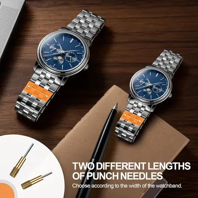 Shows the brand's product lineup with two different watch sizes and highlights the inclusion of two different lengths of punch needles to accommodate different watchband widths, helping shoppers…