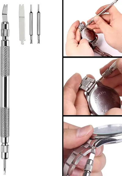 Shows all the components included in the watch repair kit, reassuring shoppers they have everything needed to adjust or repair watch bands. Demonstrates the step-by-step process of using the tool to…