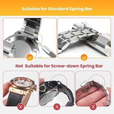 This image demonstrates which types of watch spring bars the product is compatible with (standard spring bars) and which types it is not compatible with (screw-down spring bars), helping shoppers…