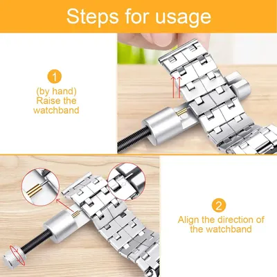 Provides step-by-step visual instructions showing shoppers how to install or adjust the watchband using the included tool, reducing uncertainty about setup and demonstrating ease of use.