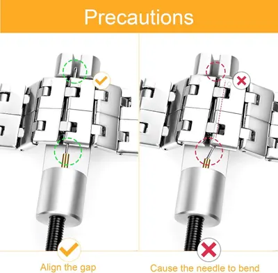 Instructs shoppers on the correct way to install or align the watch band component, showing what to do (align the gap) versus what not to do (bend the needle), ensuring proper setup and avoiding…