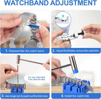This image provides a clear 4-step instructional guide showing shoppers exactly how to adjust and resize their watchband, reassuring them that the process is straightforward and manageable.