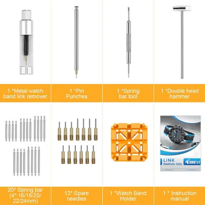 Shows all the tools and accessories included in the watch repair kit to help shoppers understand the complete value and functionality of the bundle.