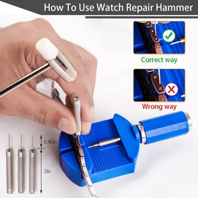 Instructs shoppers on the correct way to use the watch repair hammer tool, showing proper hand positioning and technique while warning against incorrect usage to ensure effective and safe operation.…