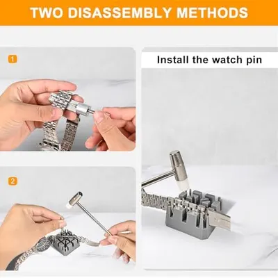 Demonstrates two different methods for disassembling and installing watch pins, providing step-by-step visual instructions to help shoppers understand how to use the watch band tool.