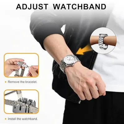 Demonstrates the step-by-step process of removing and installing a watchband, reassuring shoppers that the product is easy to adjust and customize.