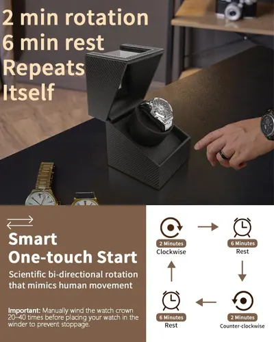 Explains how the watch winder operates with a specific rotation and rest cycle, and provides setup instructions to prevent watch stoppage. Highlights multiple key features including the automatic…