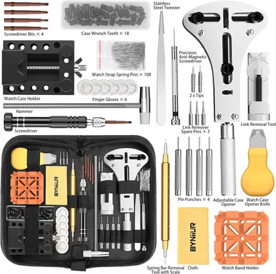 Shows the customer everything included in the watch repair kit purchase, demonstrating the comprehensive value and variety of tools they will receive.