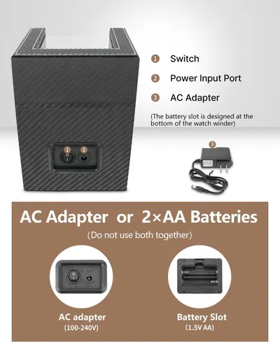 This image breaks down the physical components and power options of the watch winder, helping shoppers understand where key parts are located and how to power the device. Communicates the…