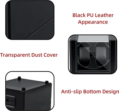 Showcases three distinct product features in a segmented layout to communicate the product's premium material, protective dust cover, and stability design.
