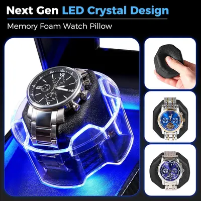 Showcases multiple benefits of the watch pillow including its next-generation LED crystal design, memory foam construction, and versatility for displaying different watch styles.
