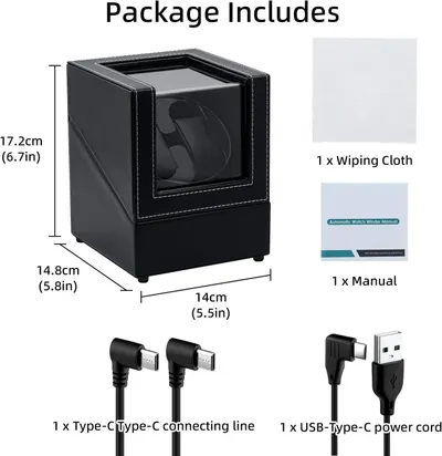 Shows everything included in the purchase: the watch winder unit, wiping cloth, manual, Type-C connecting line, and USB power cord to reassure shoppers they receive a complete ready-to-use kit.