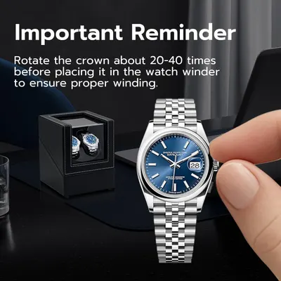 Educates the shopper on the correct procedure for winding the watch crown before using the watch winder, ensuring proper functionality and preventing damage. Provides essential setup guidance to…