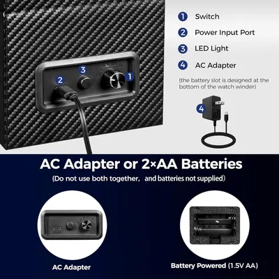 This image breaks down the physical components and power options of the watch winder, helping shoppers understand how to operate the device and what power sources are available.
