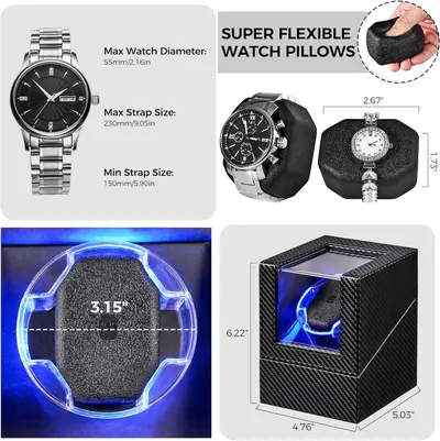 Provides detailed dimensional specifications for watch compatibility (max watch diameter, strap sizes) and product components (pillow size, box dimensions) to help shoppers determine if their…