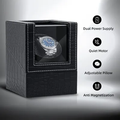 Communicates multiple key features of the watch winder to reassure shoppers about its functionality, convenience, and watch protection capabilities.