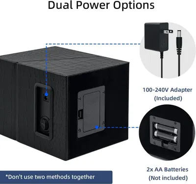 Shows the customer what power options are available with the product and clarifies that the AC adapter is included while batteries are not, helping set purchase expectations.