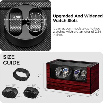 Communicates the exact physical dimensions of the watch winder, including watch slot sizes and overall product measurements, to help shoppers determine if it fits their watches and space…