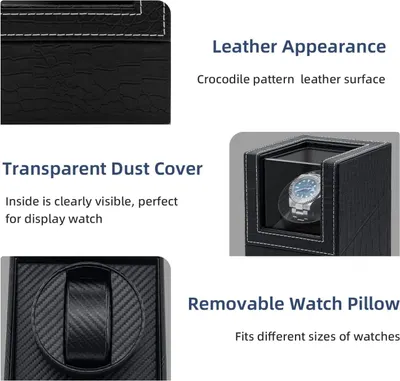 Showcases three distinct product features in a segmented layout to communicate the watch winder's premium materials, display visibility, and versatile fit for different watch sizes.