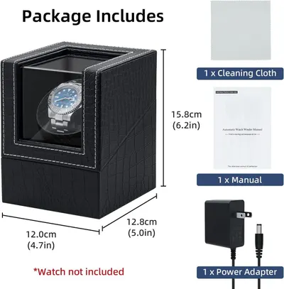 Shows the customer everything included in the purchase: the watch winder unit, cleaning cloth, instruction manual, and power adapter, helping set clear expectations about what they will receive.