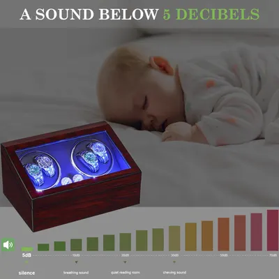 Communicates that the watch winder operates at an extremely quiet sound level below 5 decibels, reassuring shoppers it won't disturb sleep or quiet environments. Emphasizes the product's…