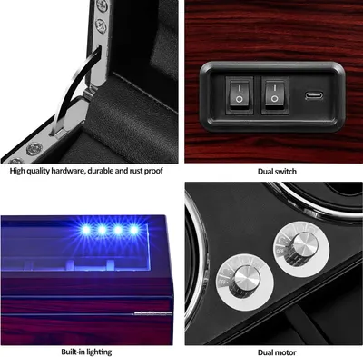 Showcases multiple distinct product features in a segmented layout to communicate quality construction, convenient controls, interior lighting, and powerful dual motor functionality.